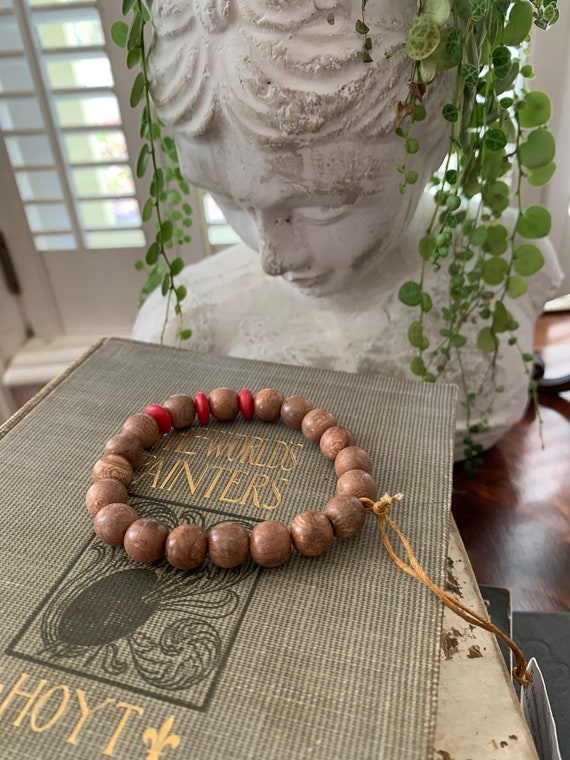St Louis Cardinal bracelet- 3 red charms repurposed Busch stadium seat- handmade 10mm beads of flowering dogwood- the Missouri State Tree