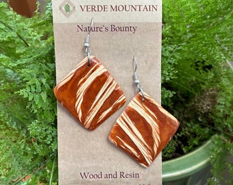 River edge..Nature’s Bounty earrings from Vermont Native Hardwood and resin . Light weight Dangle no nickel hardware.