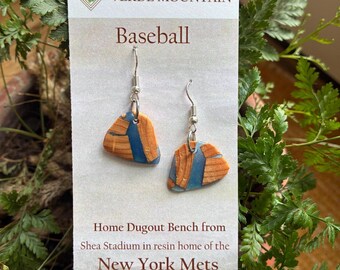 Repurposed New York Mets Shea Stadium Home Dugout Bench in epoxy resin earrings