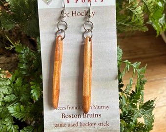 Repurposed Boston Bruin right winger Glen Murray autographed game used ice hockey stick earrings.