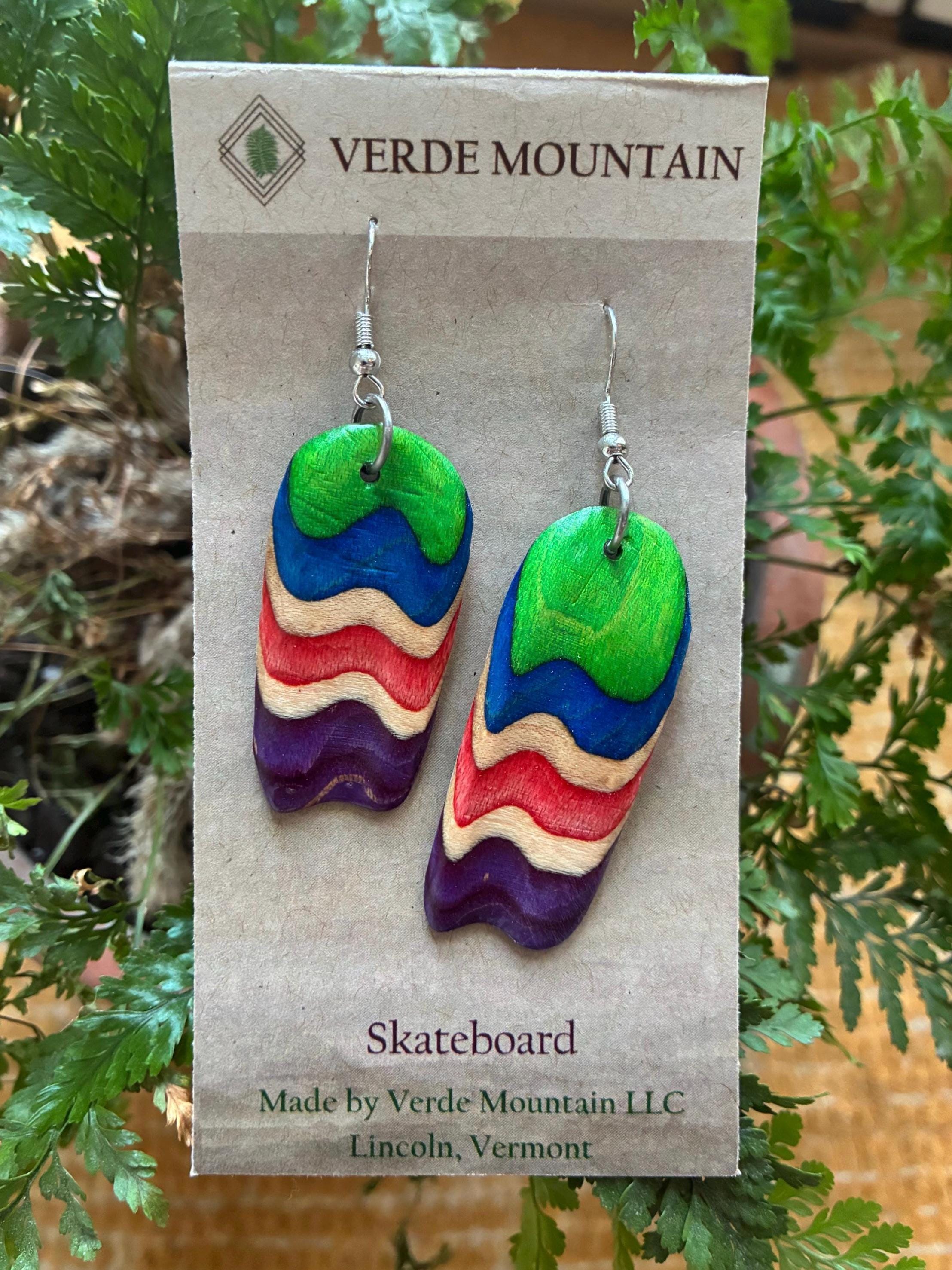 Skateboard Hand Crafted Wooden Dangle Earrings, Repurposed From a