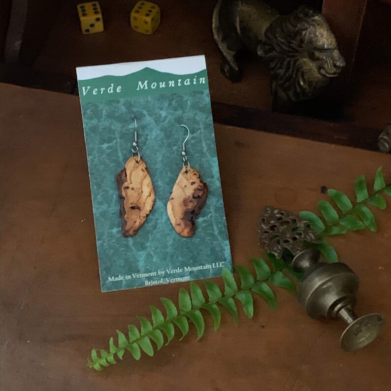 Vermont Native Hardwood Dangle Earrings made from selected choicesections of wood Pignut Hickory Burl