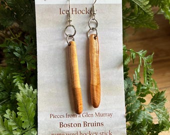 Repurposed Boston Bruin right winger Glen Murray autographed game used ice hockey stick earrings.