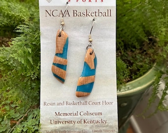 Repurposed University of Kentucky Memorial Coliseum basketball court floor in resin earrings