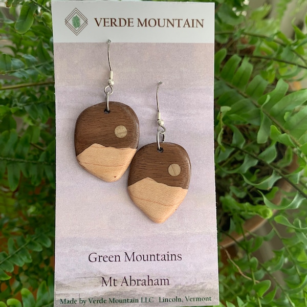 Moon over Mt Abraham- Vermont Green Mountain earrings Vermont Native Hardwood Earrings made from select maple and black walnut