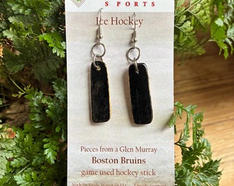 Repurposed Boston Bruin right winger Glen Murray autographed game used ice hockey stick earrings.