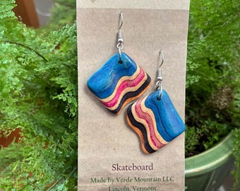 Skateboard Hand crafted Wooden Dangle Earrings, Repurposed from a broken skateboard , Retro jewelry, Wood Anniversary Gift, Upcycled Jewelry