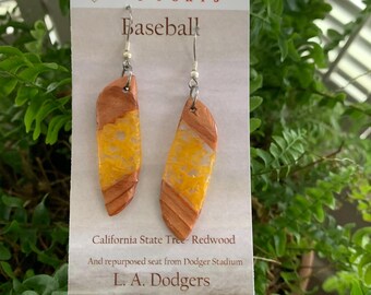 Repurposed L A Dodgers seat in resin earrings with Redwood accents - the California State Tree.