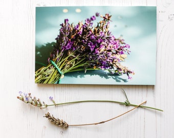 Lavender Posie on Blue Table Blank Greeting Card, Fine Art Photograph by SarahFrippMorris