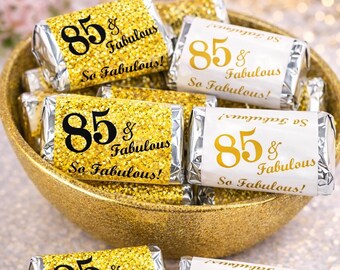 85 and Fabulous | Set of 60 Glossy Stickers | 85th Birthday Labels for Miniature Candy Bar Wrapper | Age 85 Number 85 | CANDY NOT INCLUDED