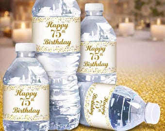 75th Birthday Water Bottle Labels | SET of 25 | Glossy Waterproof Labels Birthday Party Decorations | Number 75 Age 75 Birthday Favors