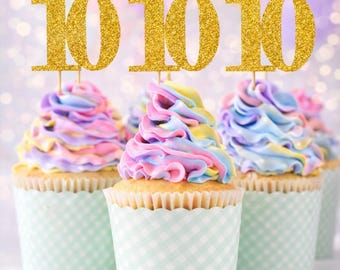 10th Birthday Cupcake Toppers | Glitter Number 10 Decorations | 10th Party Decor | Age 10 Milestone | Party Favors Birthday Party Supplies