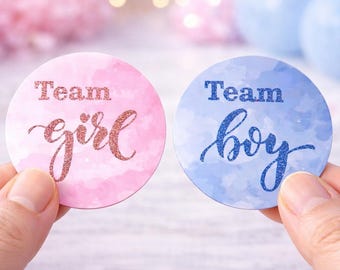 40pc Team Girl Team Boy Gender Reveal Stickers 2 Inch Big Round Glossy Labels Pink and Blue Stickers Great for Gender Reveal Party Favors