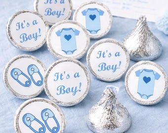 It's a boy Baby Shower Favor GLOSSY Sticker Set of 324 Blue Baby Shower Onesie Pin Baby Shower Kisses Sticker Baby Shower Cany NOT included
