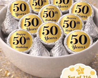50th Birthday Labels Set of 216 self-adhesive gold foil stickers for party favors candy bags (CANDY NOT INCLUDED) Perfect for Kisses Bottoms