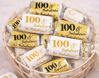 100 and Fabulous | Set of 60 Glossy Stickers | 100th Birthday Labels for Miniature Candy Bar Wrapper | Number 100 | CANDY NOT INCLUDED