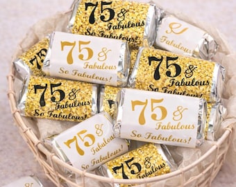 75 and Fabulous | Set of 60 Glossy Stickers | 75th Birthday Labels for Miniature Candy Bar Wrapper | Age 75 Number 75 | CANDY NOT INCLUDED