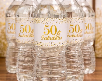 50 and Fabulous | 50th Birthday Water Bottle Labels | (SET of 25) | Glossy Waterproof Labels Birthday Party Decorations | Number 50