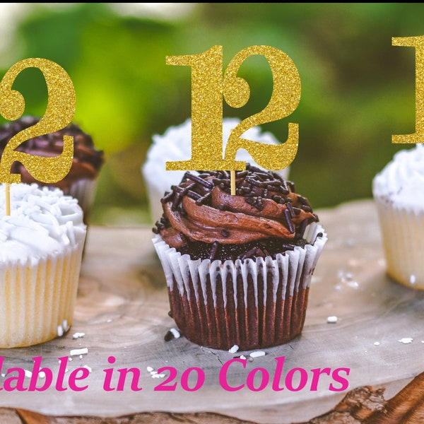 12th Birthday Cupcake toppers ( 2 inches Tall) Any Age Cupcake Glitter Party Decorations any number cupcake topper (available in 20 COLORS)