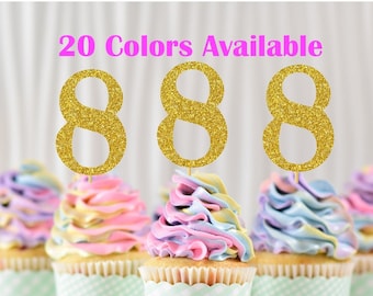 8th Birthday Cupcake Toppers | Glitter Number 8 Decorations | 8th Party Decor | Age 8 Milestone | Party Favors Birthday Party Supplies