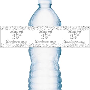 May include: Silver glitter water bottle label with the text "Happy 25th Anniversary".