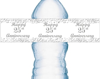 Any Number 25th Anniversary Water Bottle Labels Set of 20 Waterproof Water Bottle Wrappers Silver and White Happy Anniversary Labels