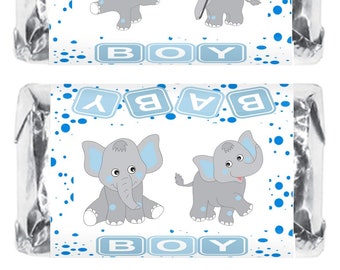 60 Elephants Blue Boy Baby Shower Miniatures Candy Bar Wrapper, Its a Boy Baby Shower Mini Candy Bar Stickers Blue (CANDY NOT INCLUDED)