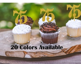 75th Birthday Cupcake Toppers | Glitter Number 75 Decorations | 75th Party Decor | Age 75 Milestone | Party Favors Birthday Party Supplies