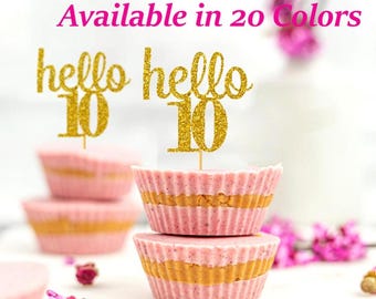 hello 10 Cupcake Toppers | 10th Birthday Cupcake Toppers | Number 10 Age Glitter Party Decor | Age 10 Birthday Decorations | Party Favors