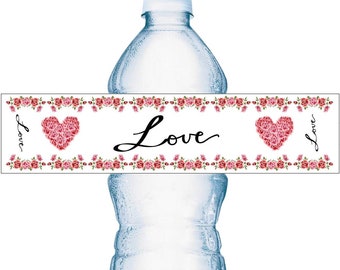 20 Love Roses Flowers Wedding Water Bottle Labels Waterproof Water Bottle Wrappers For Weddings Valentines Bridal Shower Engagement Party