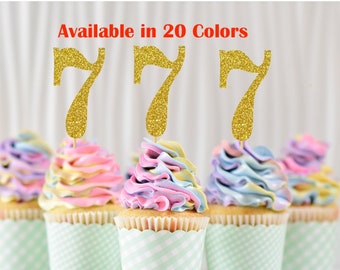 7th Birthday Cupcake Toppers | Glitter Number 7 Decorations | 7th Party Decor | Age 7 Milestone | Party Favors Birthday Party Supplies
