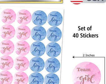 40pc Team Girl Team Boy Gender Reveal Stickers 2 Inch Big Round Glossy Labels Pink and Blue Stickers Great for Gender Reveal Party Favors