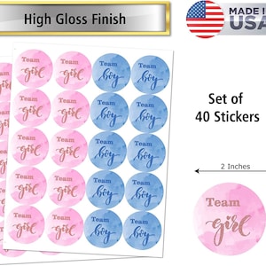 40pc Team Girl Team Boy Gender Reveal Stickers 2 Inch Big Round Glossy Labels Pink and Blue Stickers Great for Gender Reveal Party Favors