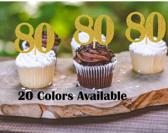 80th Birthday Cupcake Toppers | Glitter Number 80 Decorations | 80th Party Decor | Age 80 Milestone | Party Favors Birthday Party Supplies