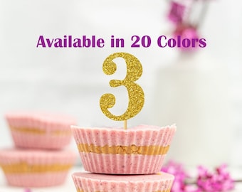 3rd Birthday Cupcake Toppers | Glitter Number 3 Decorations | 3rd Party Decor | Age 3 Milestone | Party Favors Birthday Party Supplies