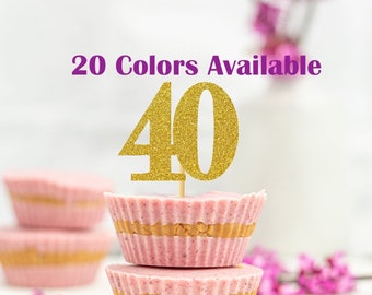 40th Birthday Cupcake Toppers | Glitter Number 40 Decorations | 40th Party Decor | Age 40 Milestone | Party Favors Birthday Party Supplies