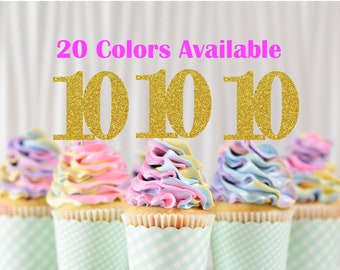 10th Birthday Cupcake Toppers | Glitter Number 10 Decorations | 10th Party Decor | Age 10 Milestone | Party Favors Birthday Party Supplies
