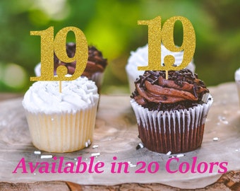 19th Birthday Cupcake Toppers | Glitter Number 19 Decorations | 19th Party Decor | Age 19 Milestone | Party Favors Birthday Party Supplies