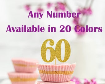 60th Birthday Cupcake Toppers | Glitter Number 60 Decorations | 60th Party Decor | Age 60 Milestone | Party Favors Birthday Party Supplies