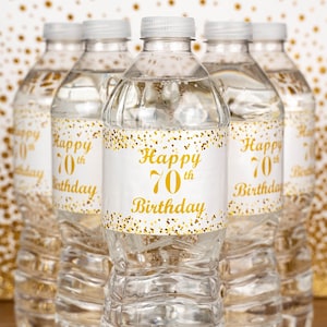 N’importe quel numéro 70e anniversaire Bouteille d’eau Glossy Waterproof Labels (Set of 20) Waterproof Water Bottle Wrappers Gold White Happy Birthday Labels