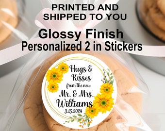 Sunflower Hugs and Kisses from the Mr. and Mrs. Personalized Sunflower Stickers  | 2" Diameter | Glossy Finish | Wedding Decoration Favors