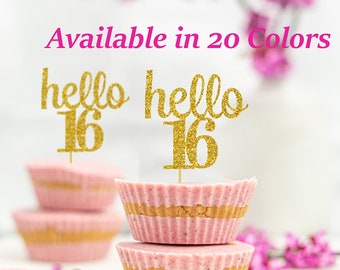 hello 16 Cupcake Toppers | 16th Birthday Cupcake Toppers | Number 16 Age Glitter Party Decor | Age 16 Birthday Decorations | Party Favors