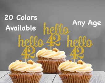 hello 42 Cupcake Toppers | 42nd Birthday Cupcake Toppers | Number 42 Age Glitter Party Decor | Age 42 Birthday Decorations | Party Favors