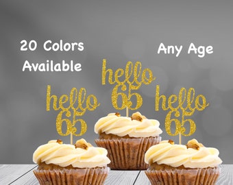 hello 62 Cupcake Toppers | 62nd Birthday Cupcake Toppers | Number 62 Age Glitter Party Decor | Age 62 Birthday Decorations | Party Favors