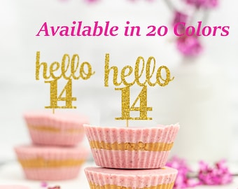 hello 14 Cupcake Toppers | 14th Birthday Cupcake Toppers | Number 14 Age Glitter Party Decor | Age 14 Birthday Decorations | Party Favors