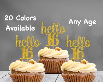hello 16 Cupcake Toppers | 16th Birthday Cupcake Toppers | Number 16 Age Glitter Party Decor | Age 16 Birthday Decorations | Party Favors