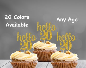 hello 20 Cupcake Toppers | 20th Birthday Cupcake Toppers | Number 20 Age Glitter Party Decor | Age 20 Birthday Decorations | Party Favors