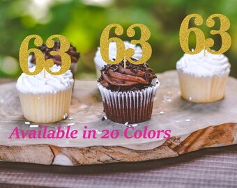 63rd Birthday Cupcake Toppers | Glitter Number 63 Decorations | 63rd Party Decor | Age 63 Milestone | Party Favors Birthday Party Supplies