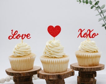 Love Cupcake Toppers XoXo Heart Toppers  SET of 12 Wedding Anniversary Engagement Bridal Shower Valentines Day Party Favors Decorations