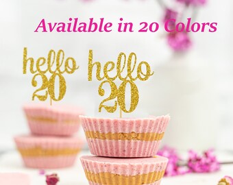 hello 20 Cupcake Toppers | 20th Birthday Cupcake Toppers | Number 20 Age Glitter Party Decor | Age 20 Birthday Decorations | Party Favors